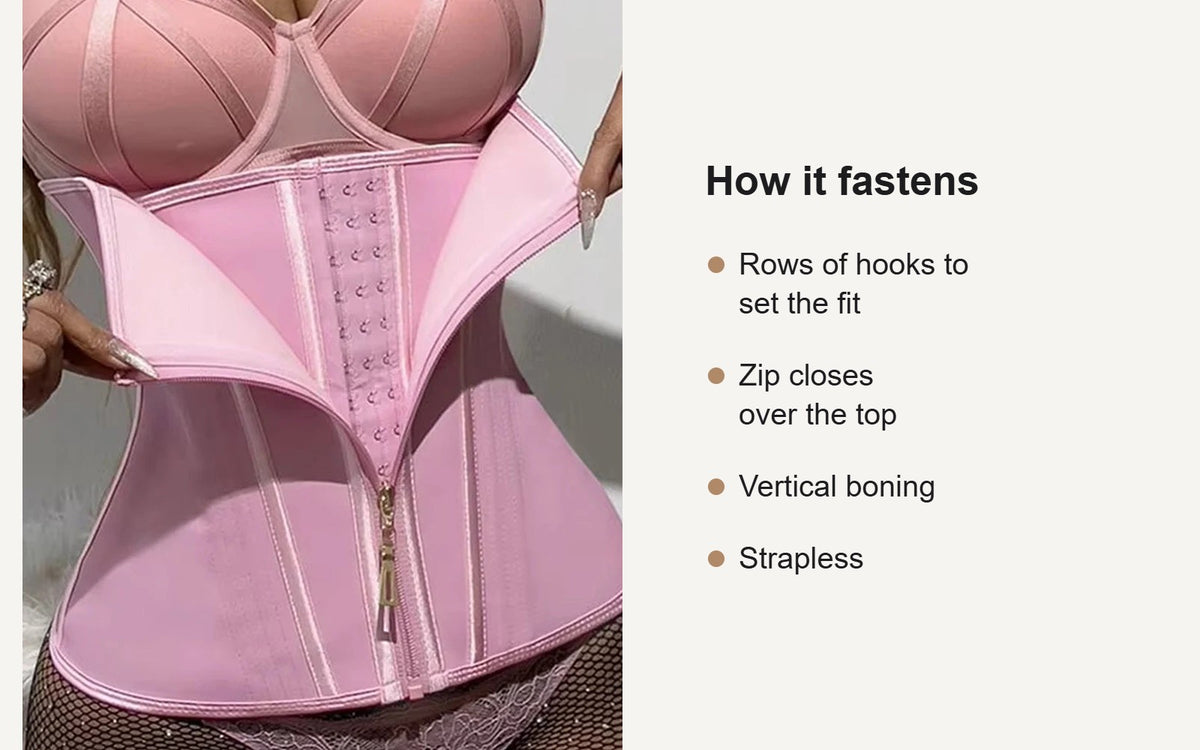 Underbust waist trainer opened at the front showing rows of hooks under the zip