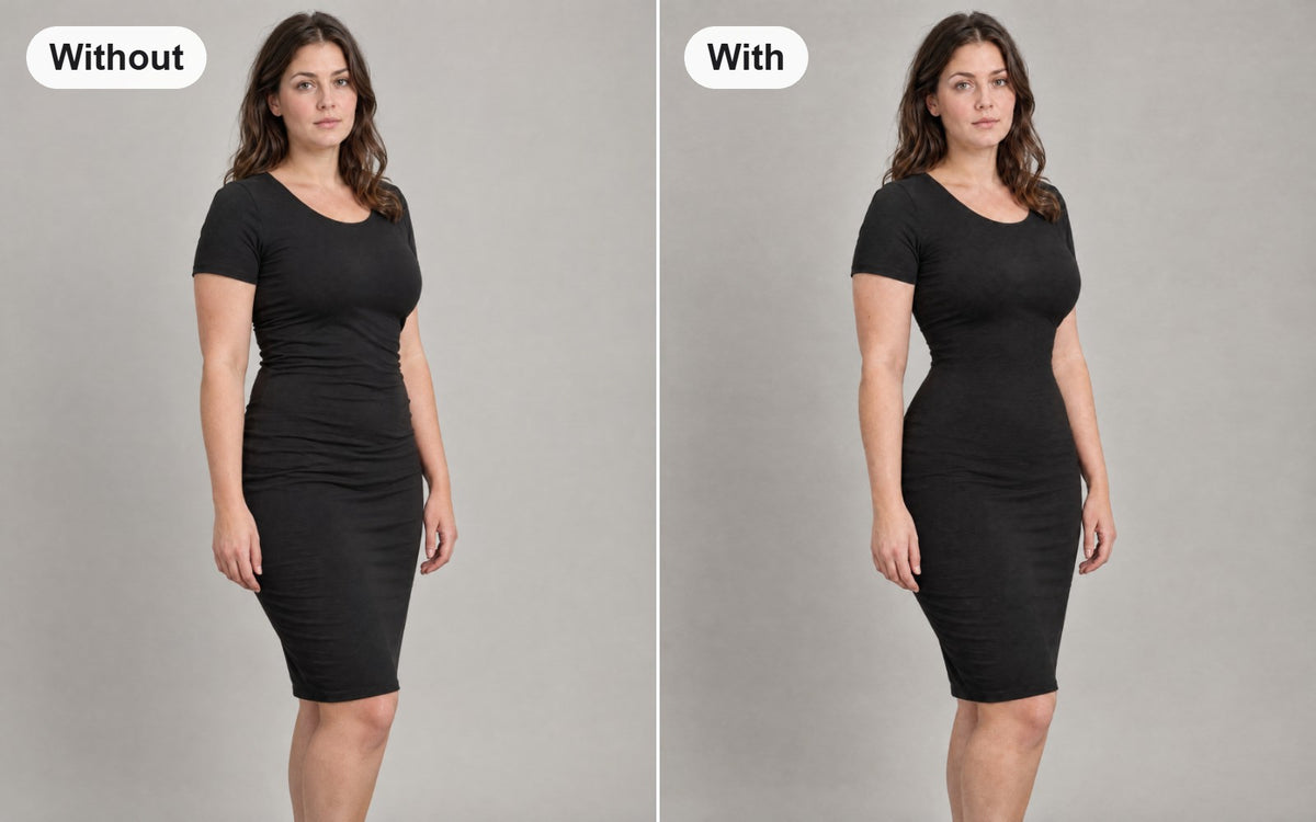 Same woman in the same black jersey dress, without and with the underbust waist trainer worn underneath
