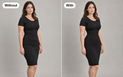 Same woman in the same black jersey dress, without and with the underbust waist trainer worn underneath