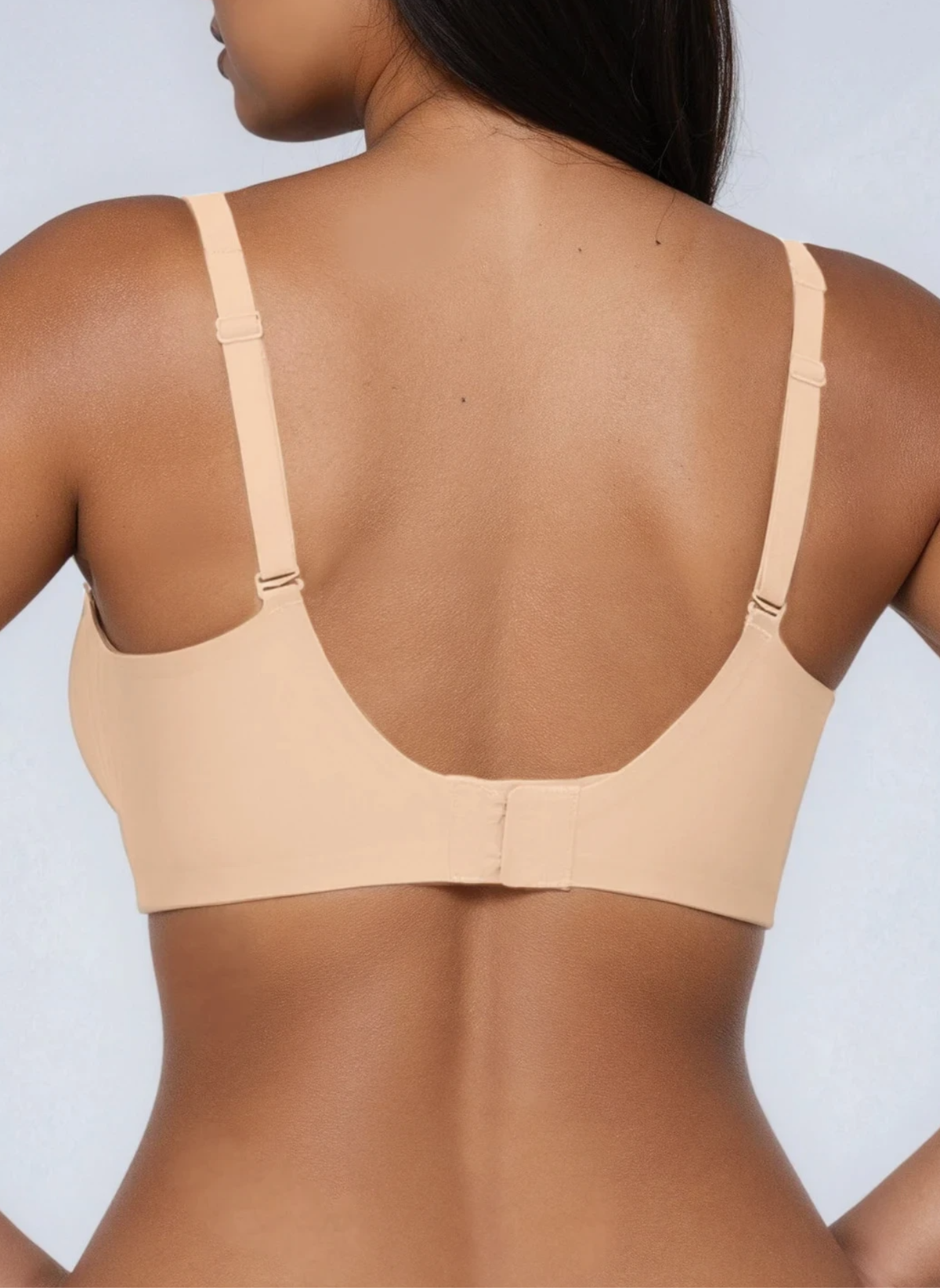 Nude wireless plunge bra, back view