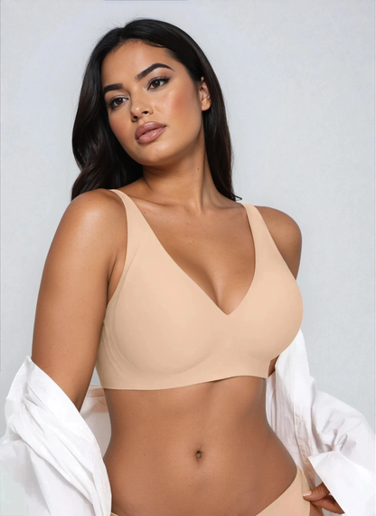 Nude wireless deep V plunge bra, front view
