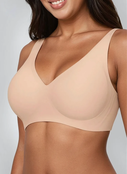 Nude wireless plunge bra, side view