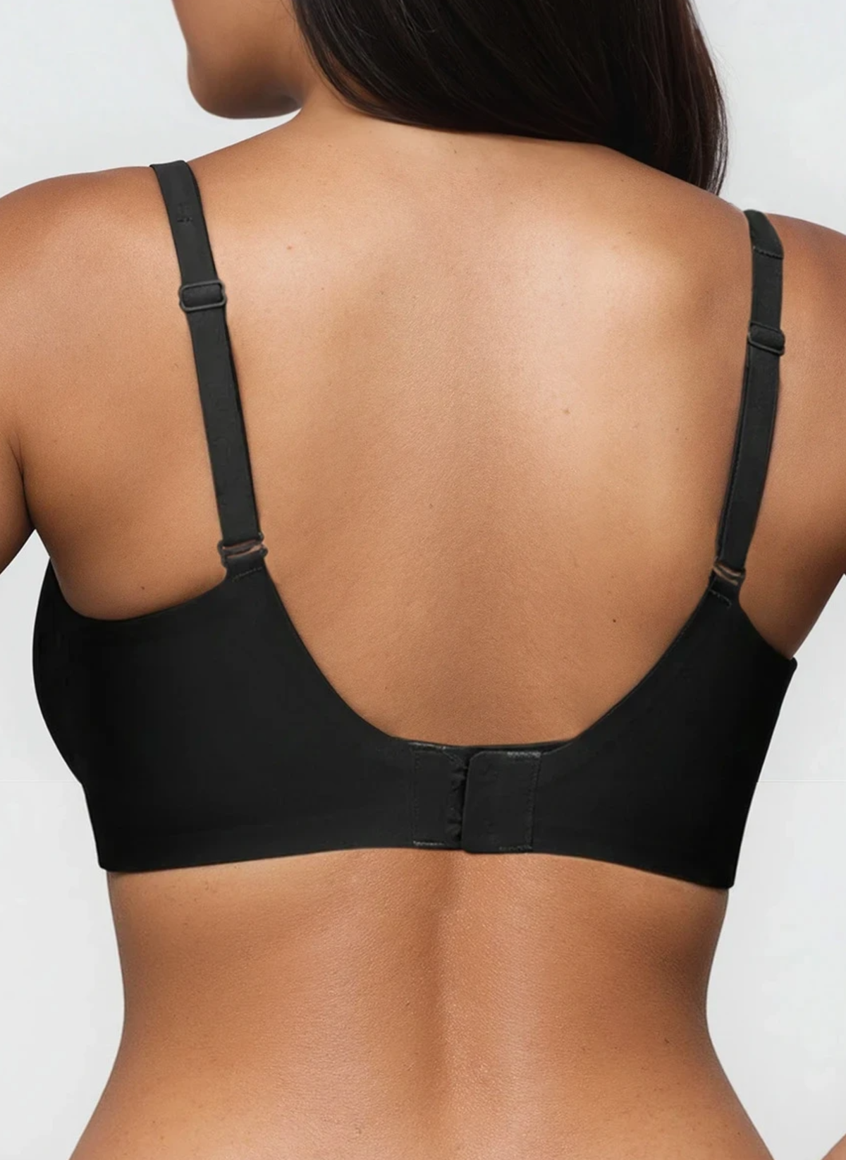 Black wireless plunge bra, back view