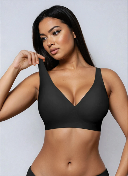 Black wireless deep V plunge bra, front view