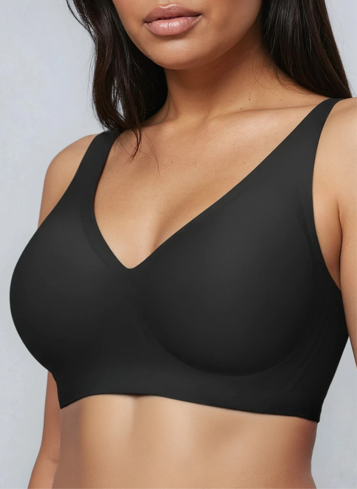 Black wireless plunge bra, side view