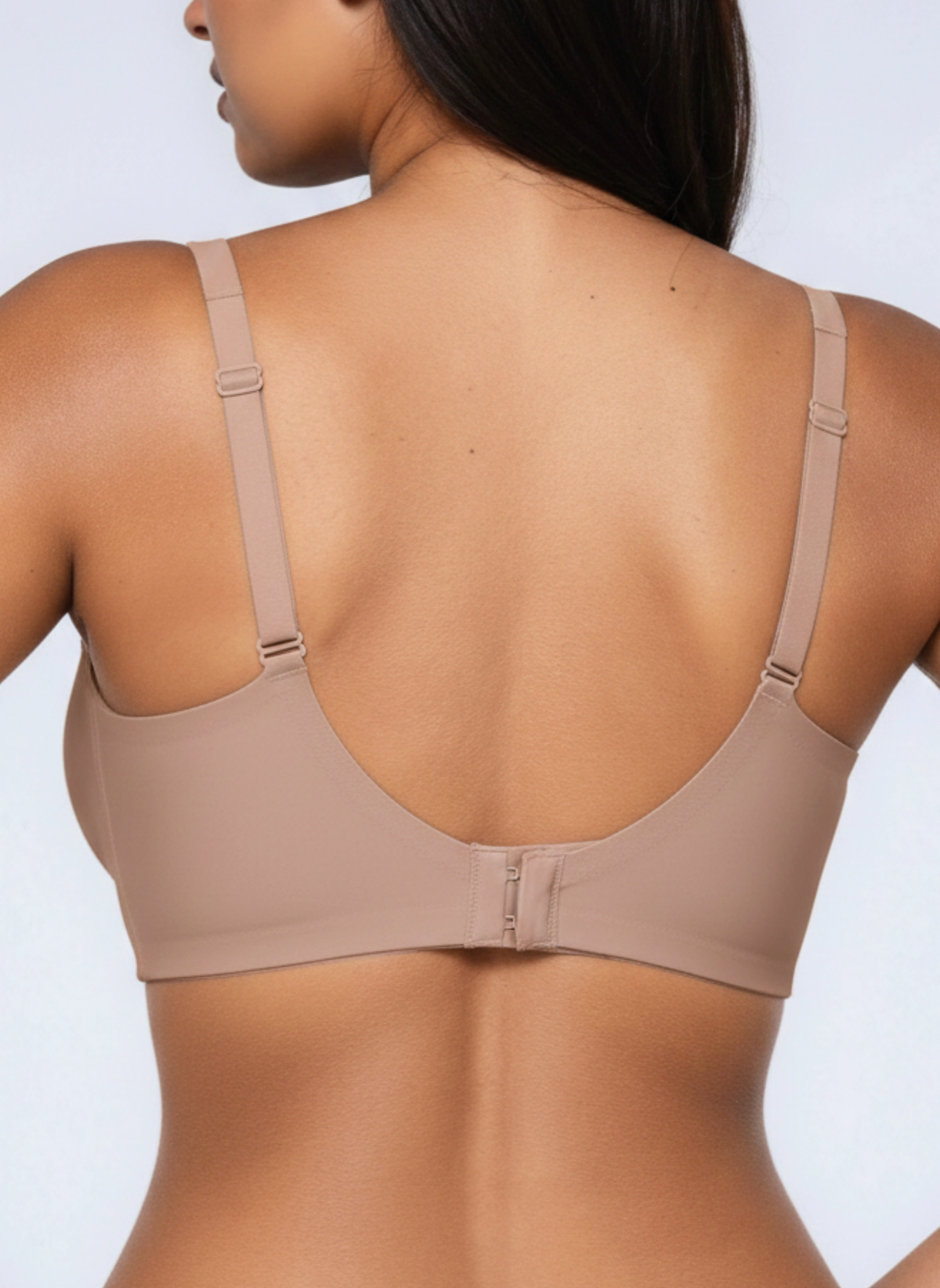 Light grey wireless plunge bra, back view