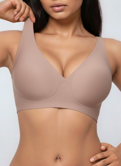 Light grey wireless deep V plunge bra, front view