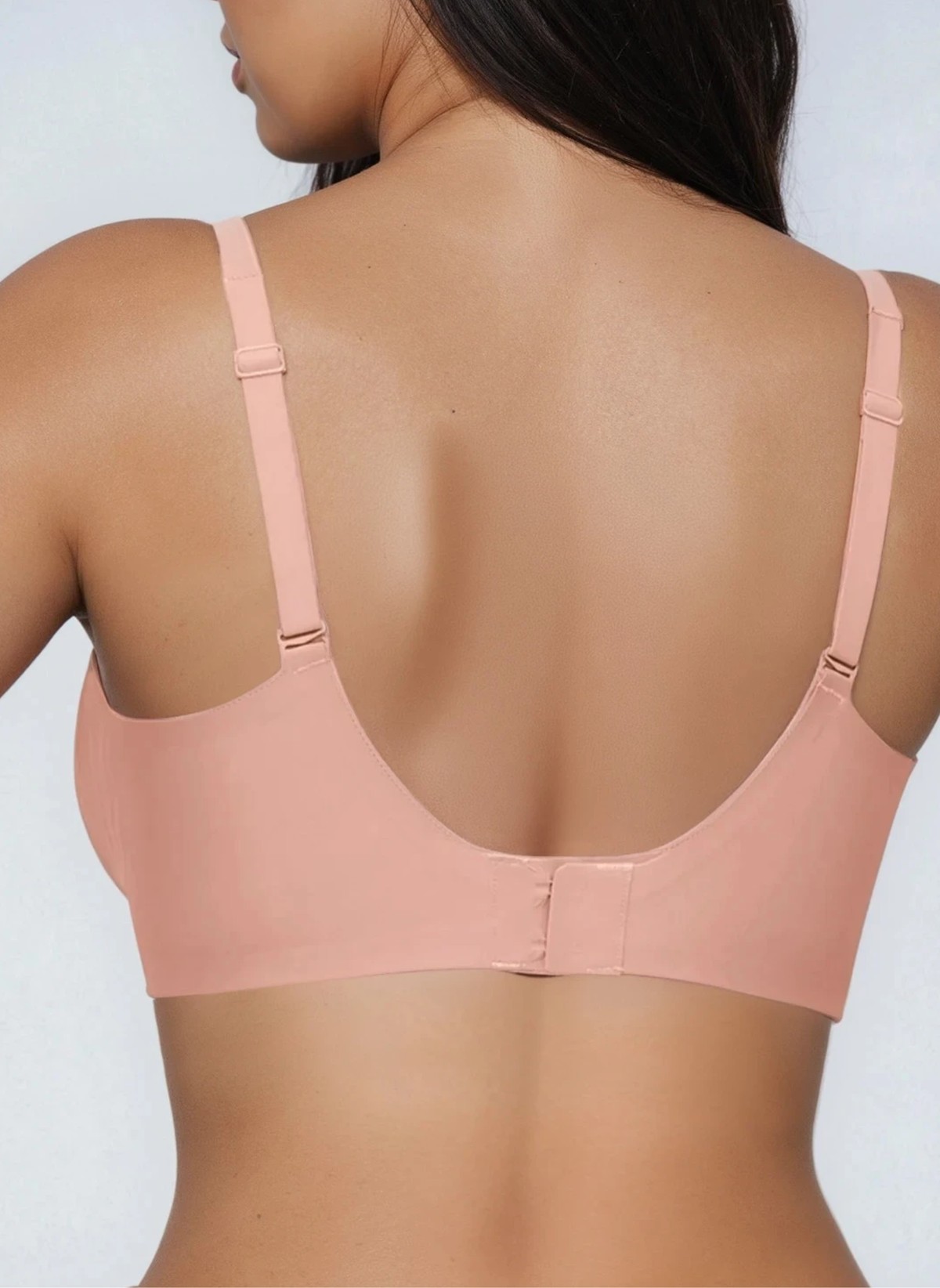 Soft pink wireless plunge bra, back view