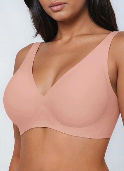 Soft pink wireless deep V plunge bra, front view