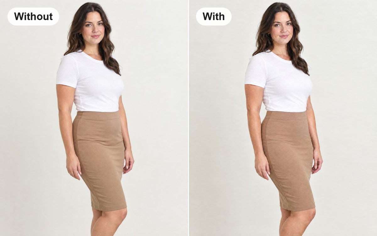 Without and with the high-waist control knickers with lace waistband worn under the same skirt