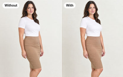 Without and with the high-waist control knickers with lace waistband worn under the same skirt