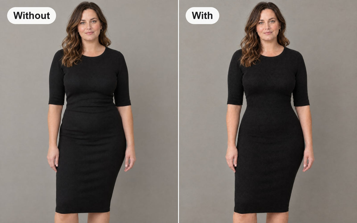 Without and with the open-bust faja bodysuit with front zip worn under the same dress