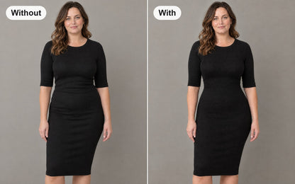 Without and with the open-bust faja bodysuit with front zip worn under the same dress