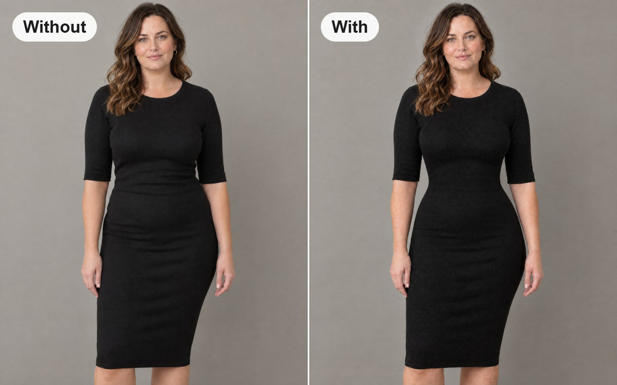 Without and with the boned faja bodysuit with front hooks worn under the same dress