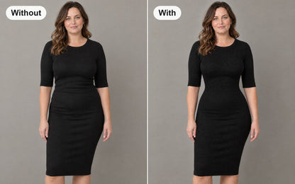 Without and with the boned faja bodysuit with front hooks worn under the same dress