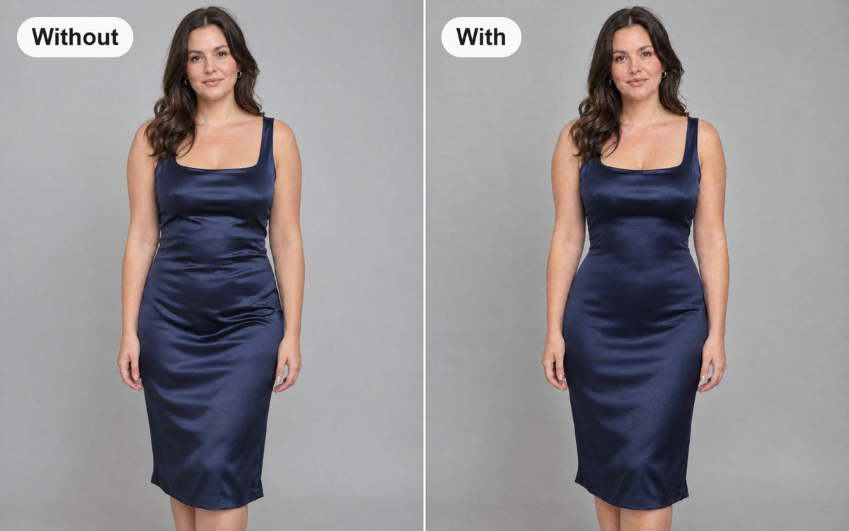 Without and with the shapewear bodysuit with built-in bra worn under the same dress