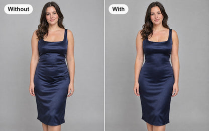 Without and with the shapewear bodysuit with built-in bra worn under the same dress
