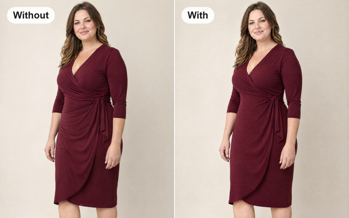Without and with the full-coverage shaping bodysuit with front hooks worn under the same dress