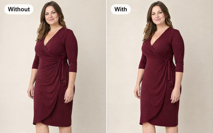 Without and with the full-coverage shaping bodysuit with front hooks worn under the same dress