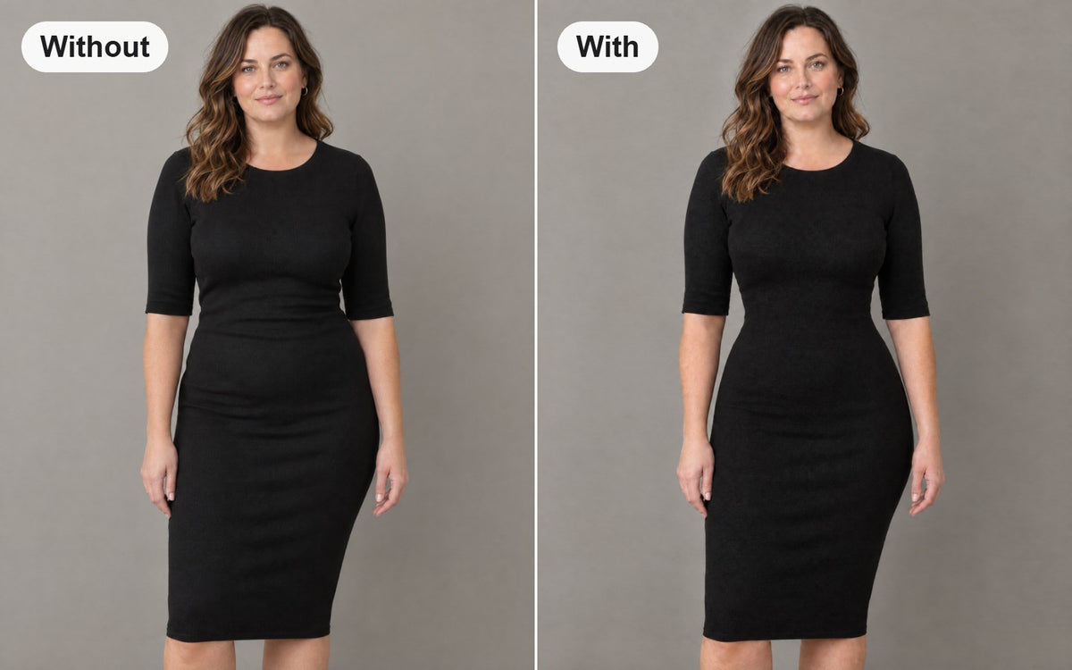 Without and with the open-bust shaping bodysuit with zip over hooks worn under the same dress