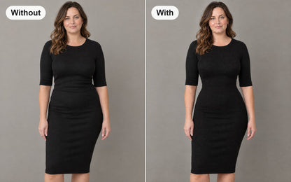Without and with the open-bust shaping bodysuit with zip over hooks worn under the same dress