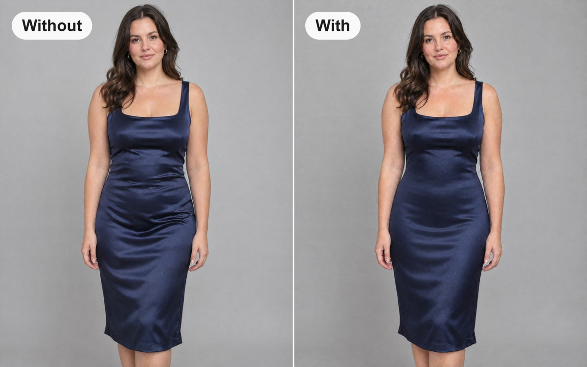 Without and with the seamless ribbed shaper bodysuit worn under the same dress