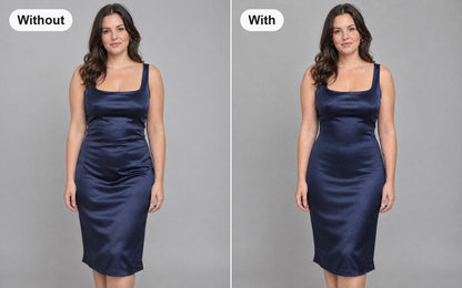 Without and with the seamless ribbed shaper bodysuit worn under the same dress