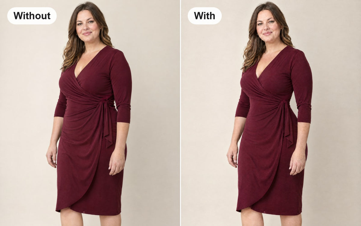 Without and with the full-bust faja bodysuit with hooks and zip worn under the same dress