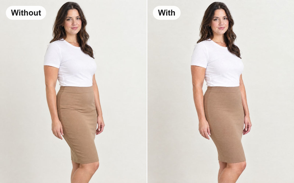 Without and with the high-waist smoothing shorts worn under the same skirt