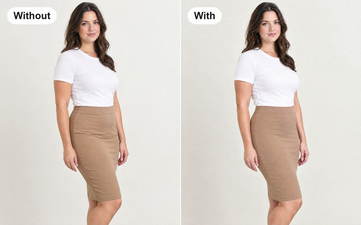 Without and with the high-waist mesh shaper shorts with cross bands worn under the same skirt