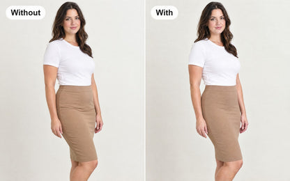 Without and with the high-waist mesh shaper shorts with cross bands worn under the same skirt
