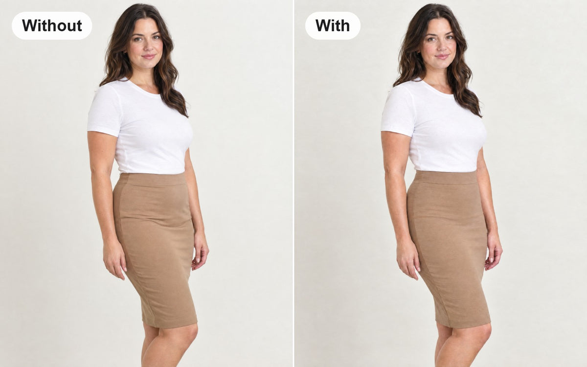 Without and with the extra high-waist tummy control shorts worn under the same skirt