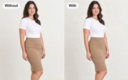 Without and with the extra high-waist tummy control shorts worn under the same skirt
