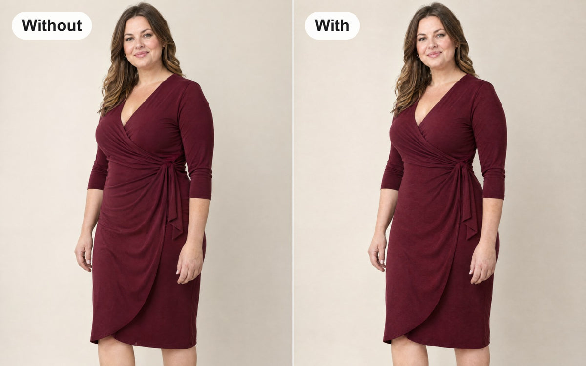 Without and with the zip-front full body shaper with built-in cups worn under the same dress