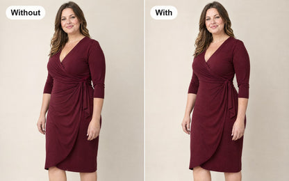 Without and with the zip-front full body shaper with built-in cups worn under the same dress