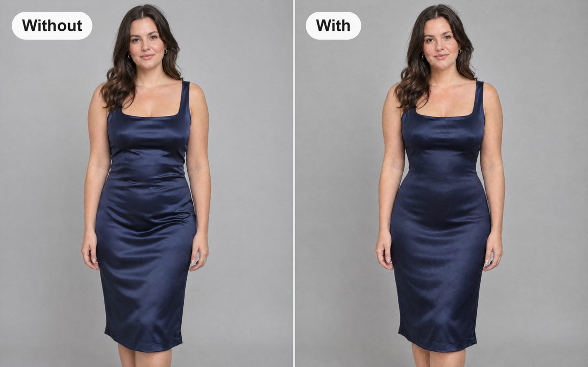 Without and with the full-coverage above-knee shaping bodysuit worn under the same dress