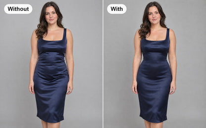 Without and with the full-coverage above-knee shaping bodysuit worn under the same dress