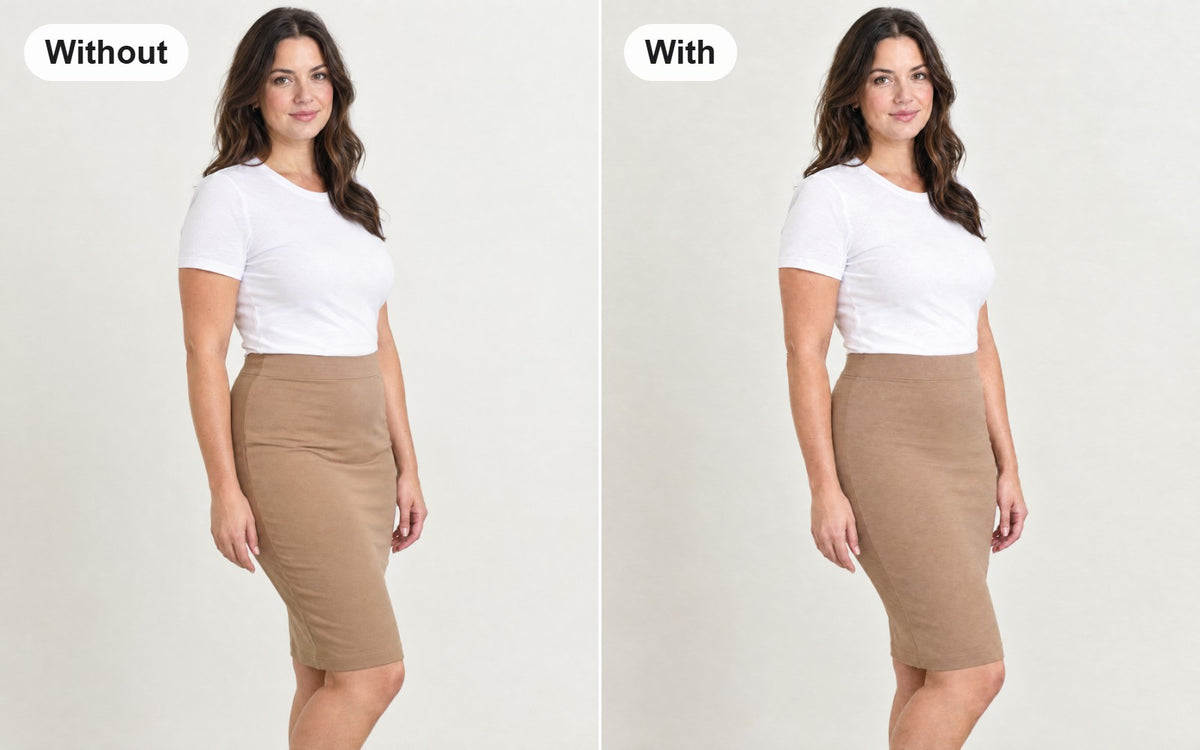 Without and with the high-waist faja shorts with zip crotch worn under the same skirt