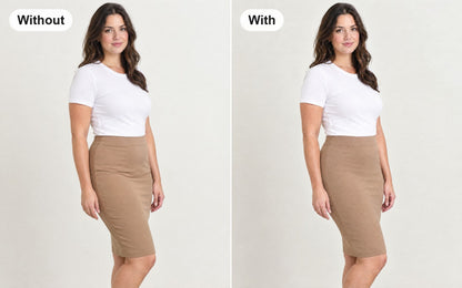 Without and with the high-waist faja shorts with zip crotch worn under the same skirt
