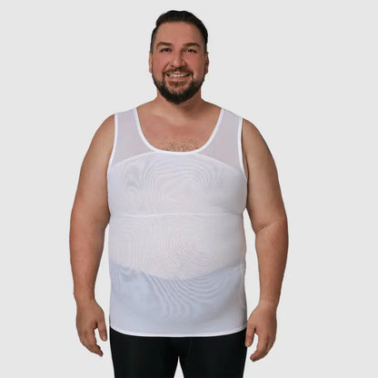 White sleeveless compression vest with mesh chest panel, front view