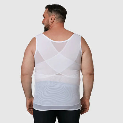 White compression vest, back view showing the crossed mesh panels
